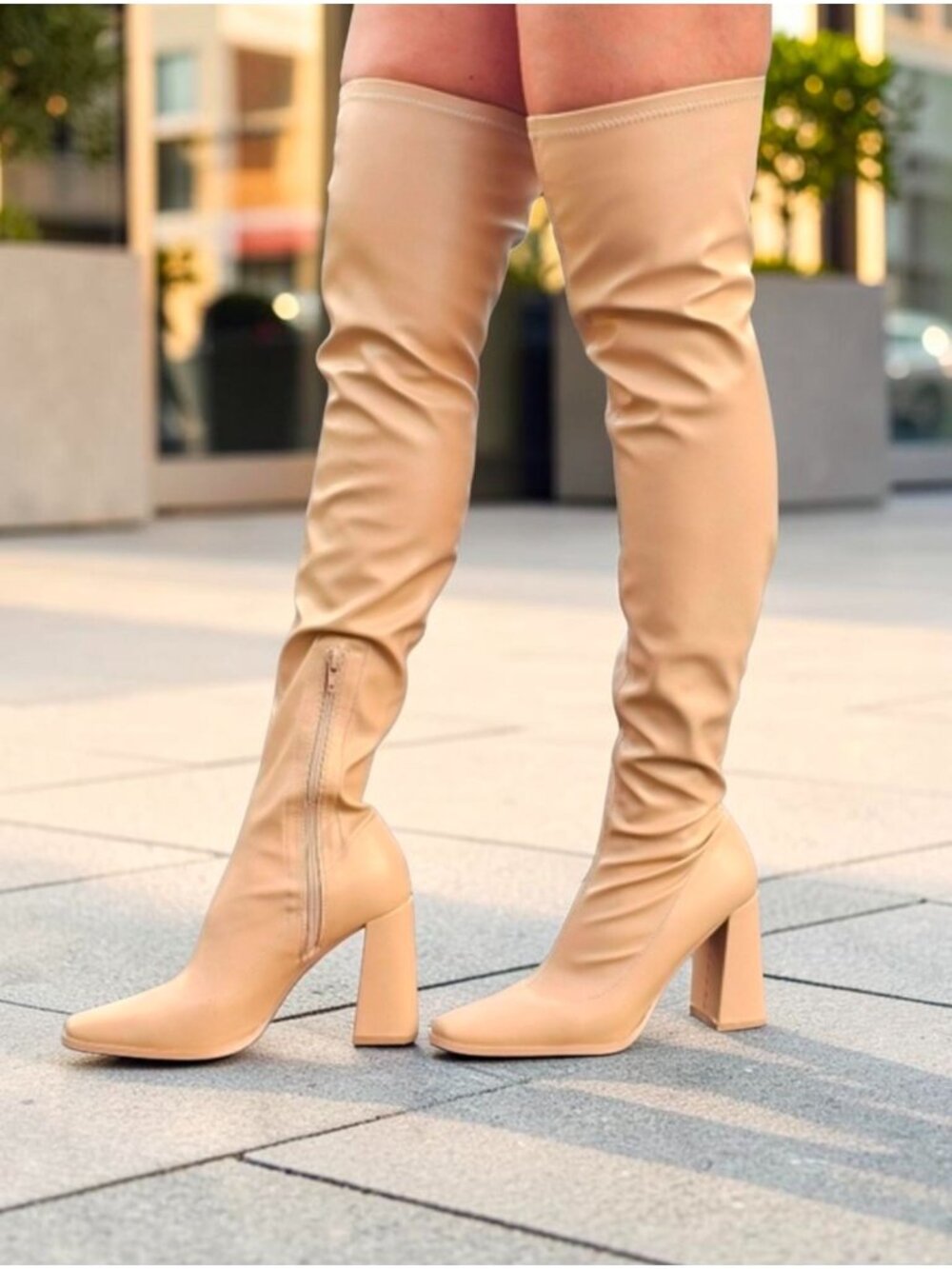 Over-The-Knee Block Heel Boots In Nude With Side Zipper Closure And Soft Faux Le